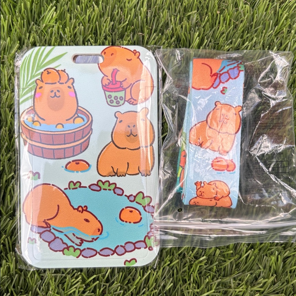 Cute Capybara Luggage Tag and Strap Set - Mint Background